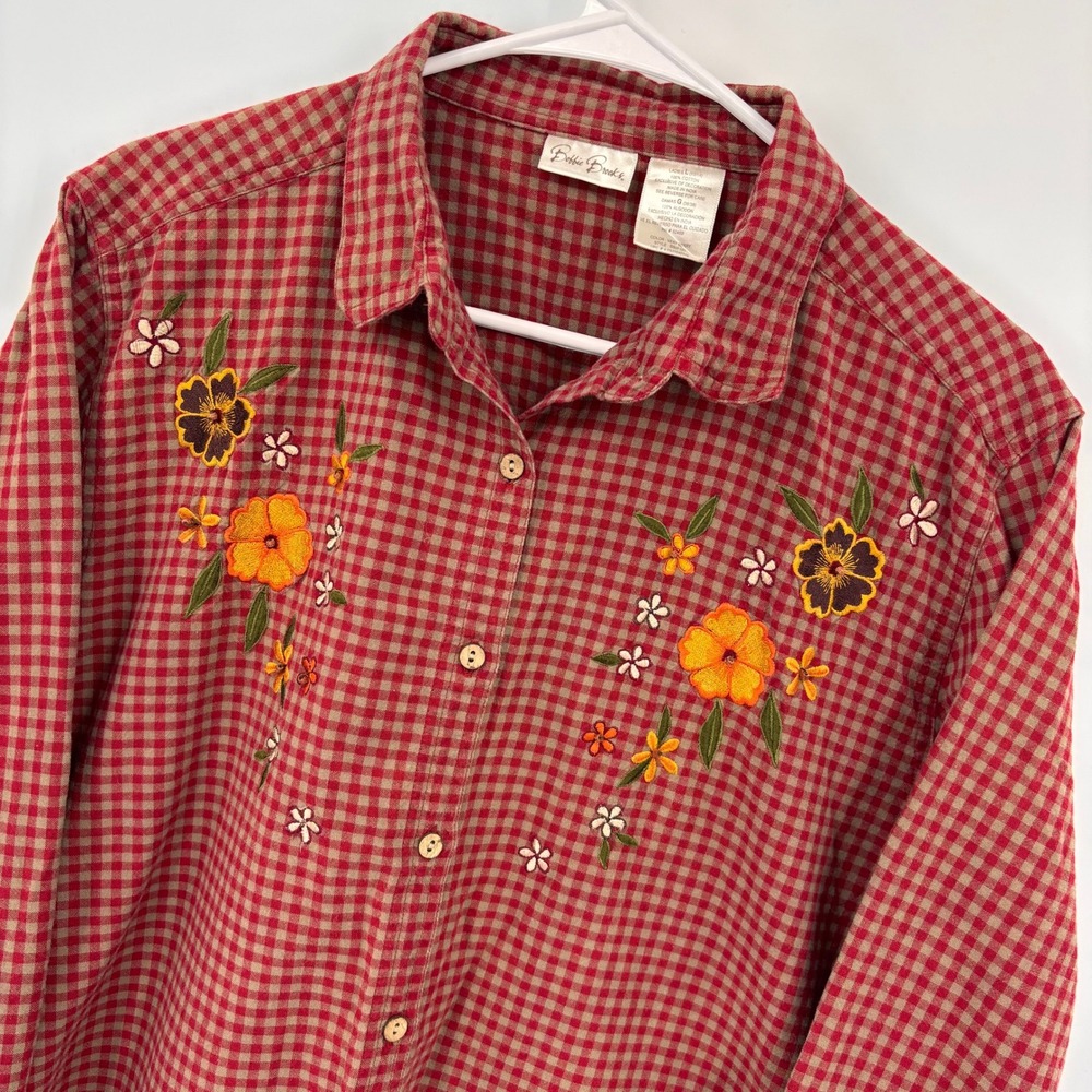 Bobbie Brooks Button Down Shirt Womens L Red Gingham Floral Embroidered Exc